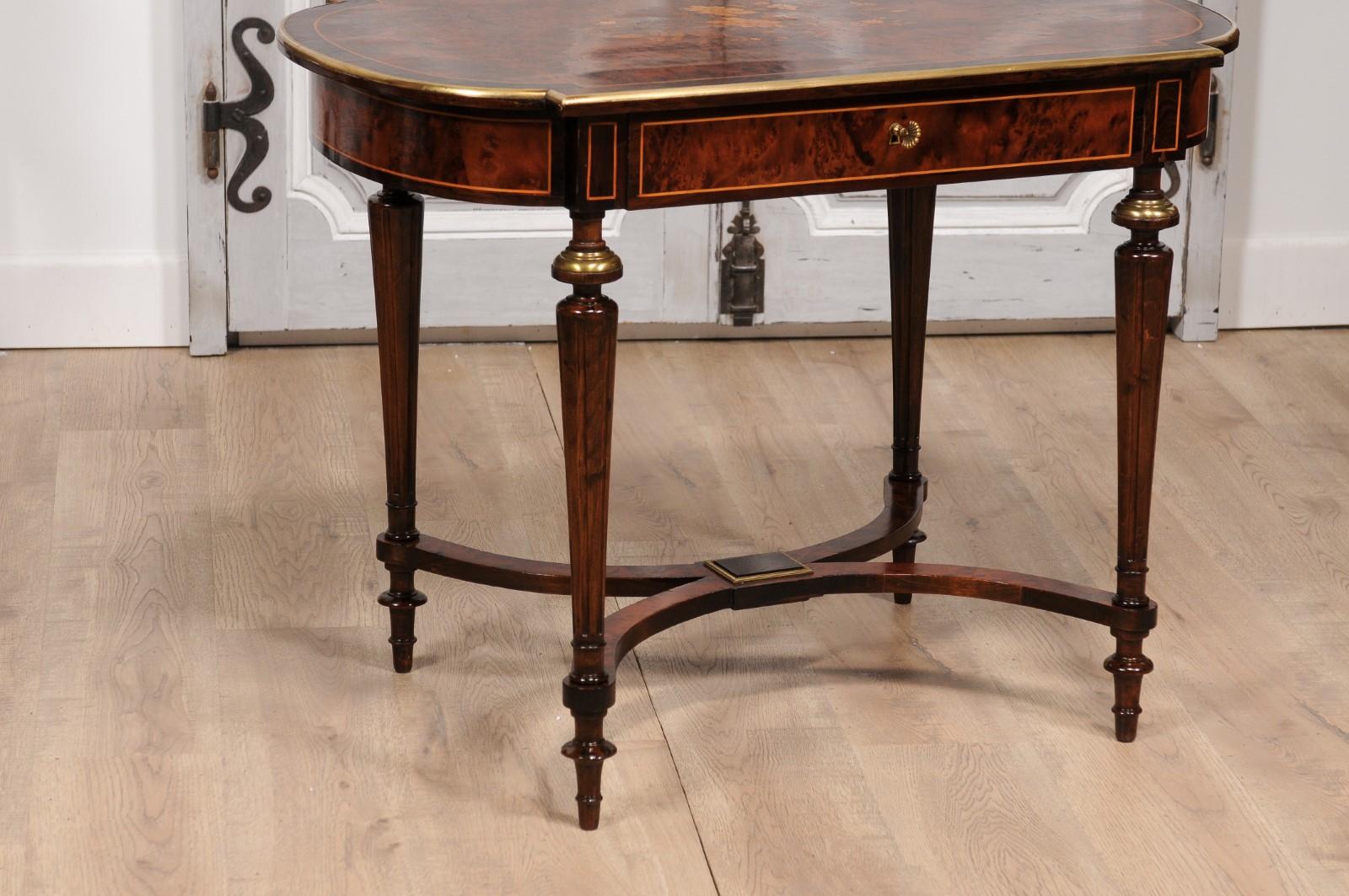 19th Century Italian 1890s Walnut, Mahogany and Brass Side Table with Floral Marquetry Décor For Sale