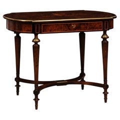 Antique Italian 1890s Walnut, Mahogany and Brass Side Table with Floral Marquetry Décor