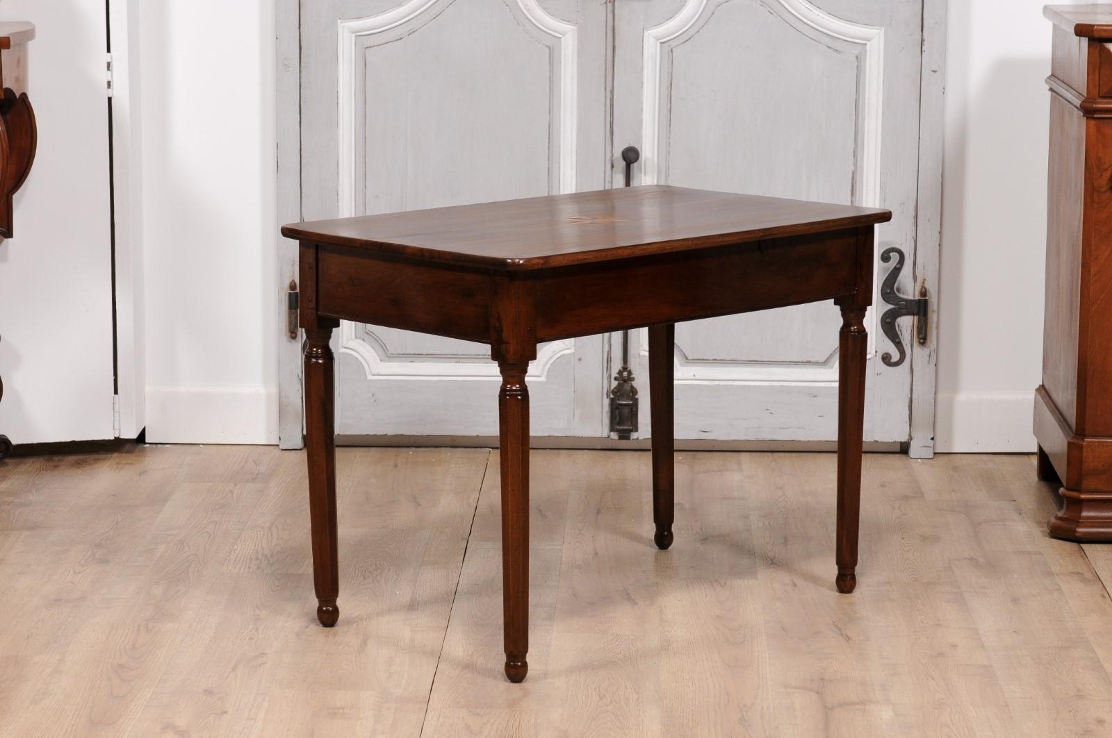 Italian 1890s Walnut Side Table with Elm Marquetry Star, Drawer and Turned Legs For Sale 6