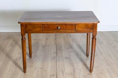 Italian 1890s Walnut Side Table with Elm Marquetry Star, Drawer and Turned Legs