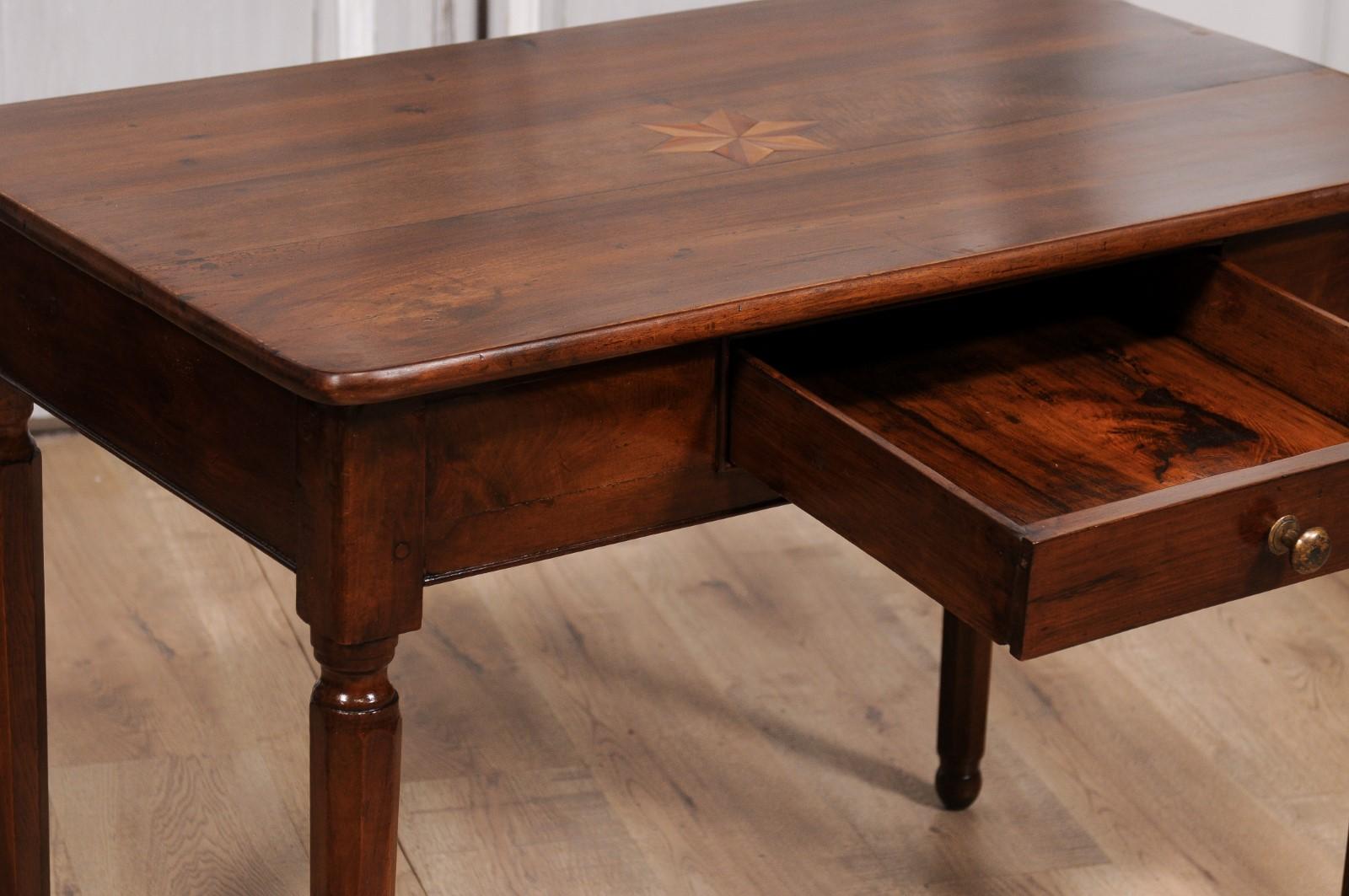 19th Century Italian 1890s Walnut Side Table with Elm Marquetry Star, Drawer and Turned Legs For Sale