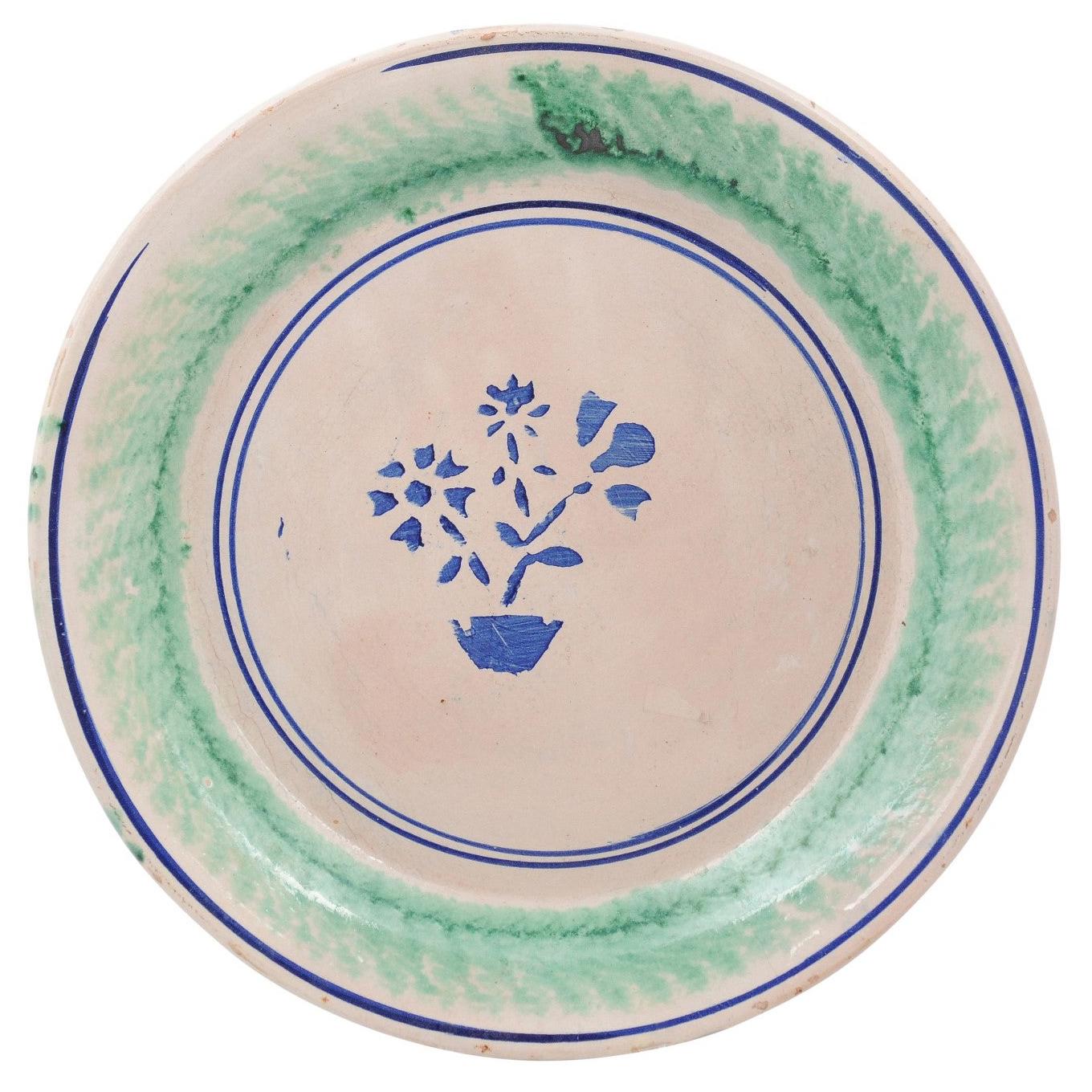 Italian 1895s Pottery Platter with Stylized Floral Motifs and Green Accents