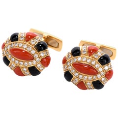 Italian 18 Karat Coral Onyx Diamond Men's Turban Cufflinks Signed Andreoli