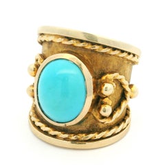 Italian 18K Etruscan Revival ring with Persian Turquoise Cabochon, Circa 1970