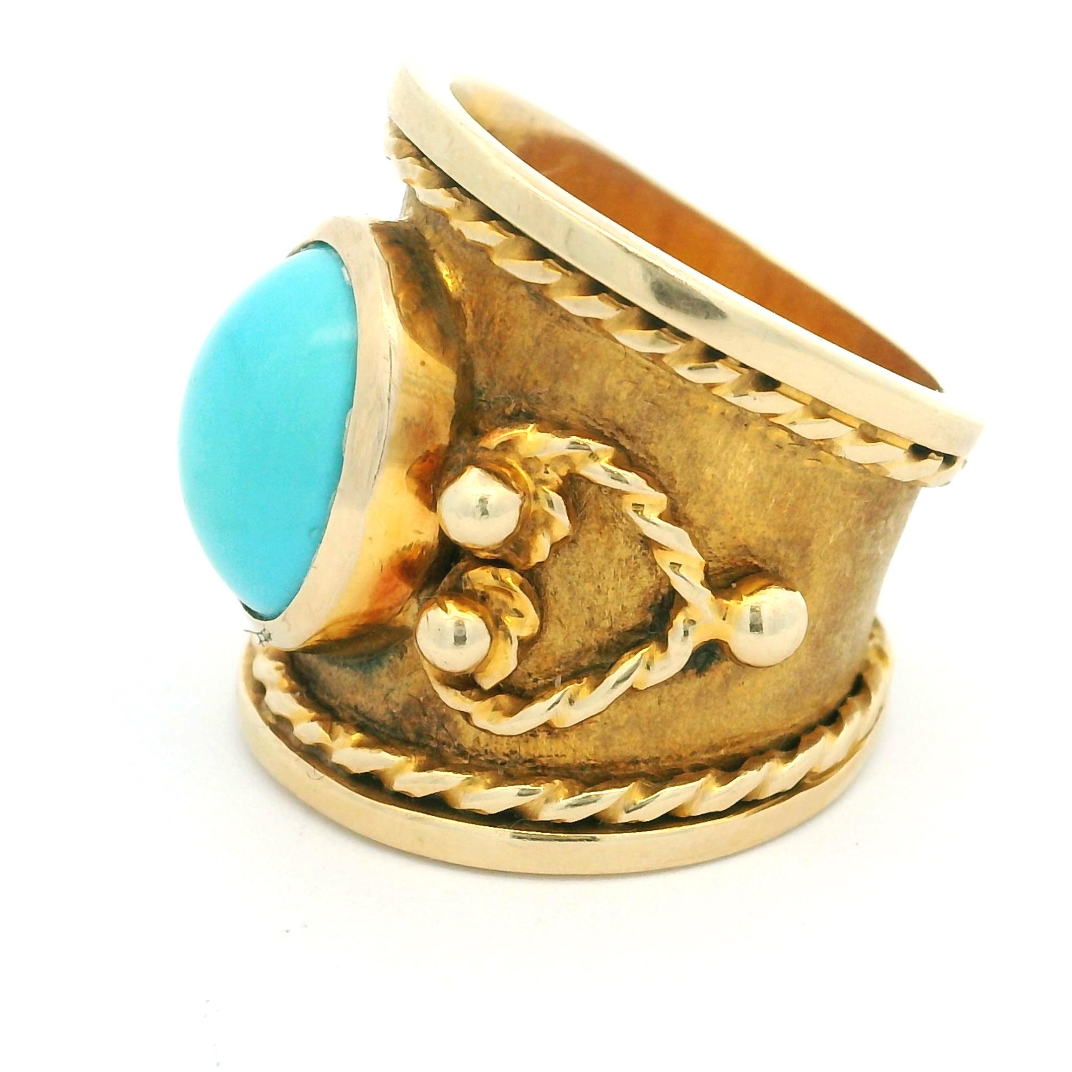 De las mujeres Anillo italiano del Renacimiento Etrusco de 18 quilates con cabujón de turquesa persa, circa 1970 en venta