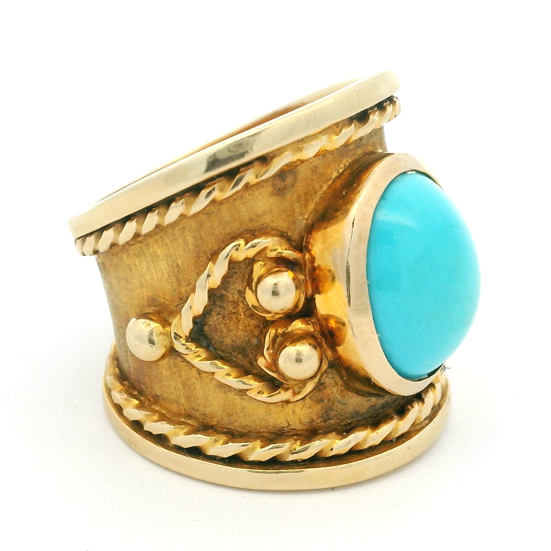 Anillo italiano del Renacimiento Etrusco de 18 quilates con cabujón de turquesa persa, circa 1970 en venta 2