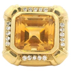 Italian 18K Gold 10Ct Citrine & Diamond Cocktail Ring, Size 7.75