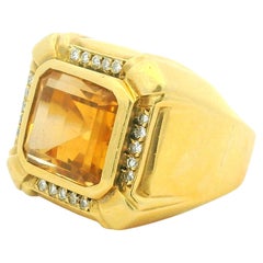 Italian 18K Gold 10Ct Citrine & Diamond Cocktail Ring, Size 7.75