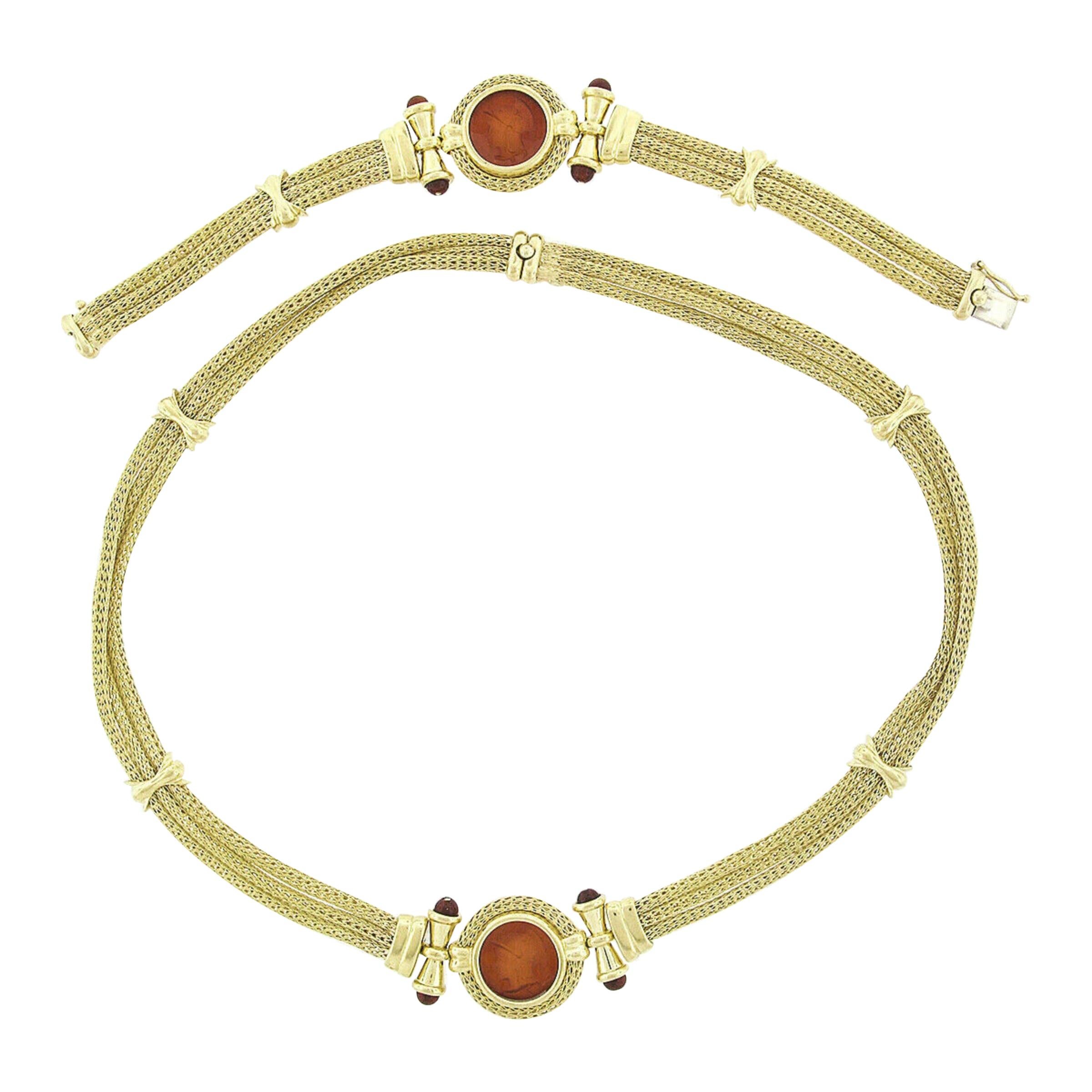 Nuovi Gioielli: Set aus Halskette und Armband, 18 Karat Gold Mesh Karneol Intaglio