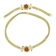 Vintage Nuovi Gioielli 18k Gold Mesh Carnelian Intaglio Necklace & Bracelet Suite Set