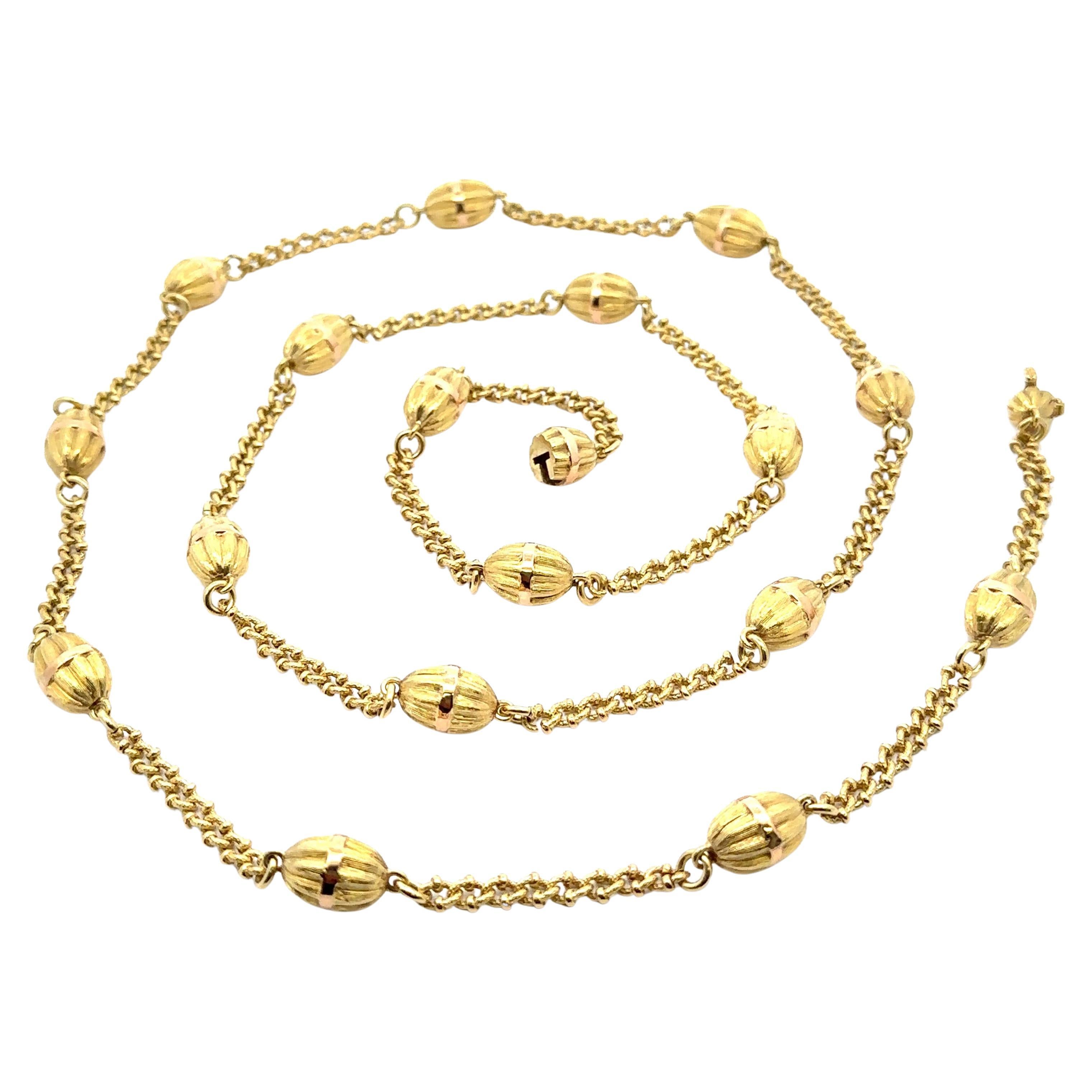 Italienische 18 Karat Gold 40" lange strukturierte Perlen Sections Kabel-Gliederkette Halskette