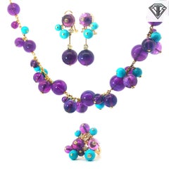 Italian 18K Gold Amethyst Turquoise Diamond Demi-Parure Suite, Necklace Earrings