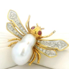Italian 18K Gold Bee Brooch with Baroque Pearl, Diamonds (0.28 Ct) and Ruby Eyes