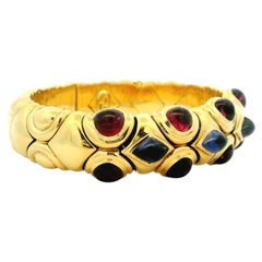 Italian 18K Gold Cabochon Ruby Sapphire Flexible Bangle Bracelet, 82 Grams