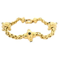 Italian 18k Gold Cabochon Sapphire Rondell Sections Wheat Link Chain Bracelet