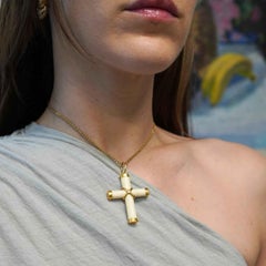 Italian 18K Gold Carved Bone Cross Pendant 14K Gold Chain Necklace