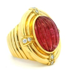 Italian 18K Gold Carved Rubellite Tourmaline Diamond Bombe Ring