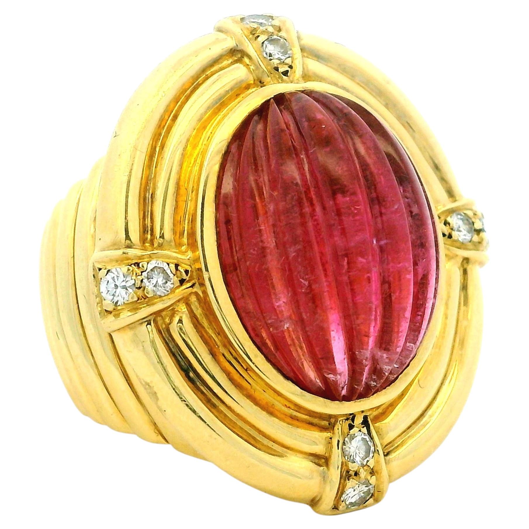 Italian 18K Gold Carved Rubellite Tourmaline Diamond Bombe Ring