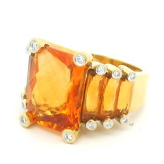 Italian 18K Gold Citrine Diamond Architectural Cocktail Ring 15 Carat Total