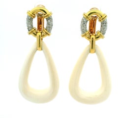 Italian 18K Gold Convertible Diamond and Natural Bone Drop Earrings, Circa 1970