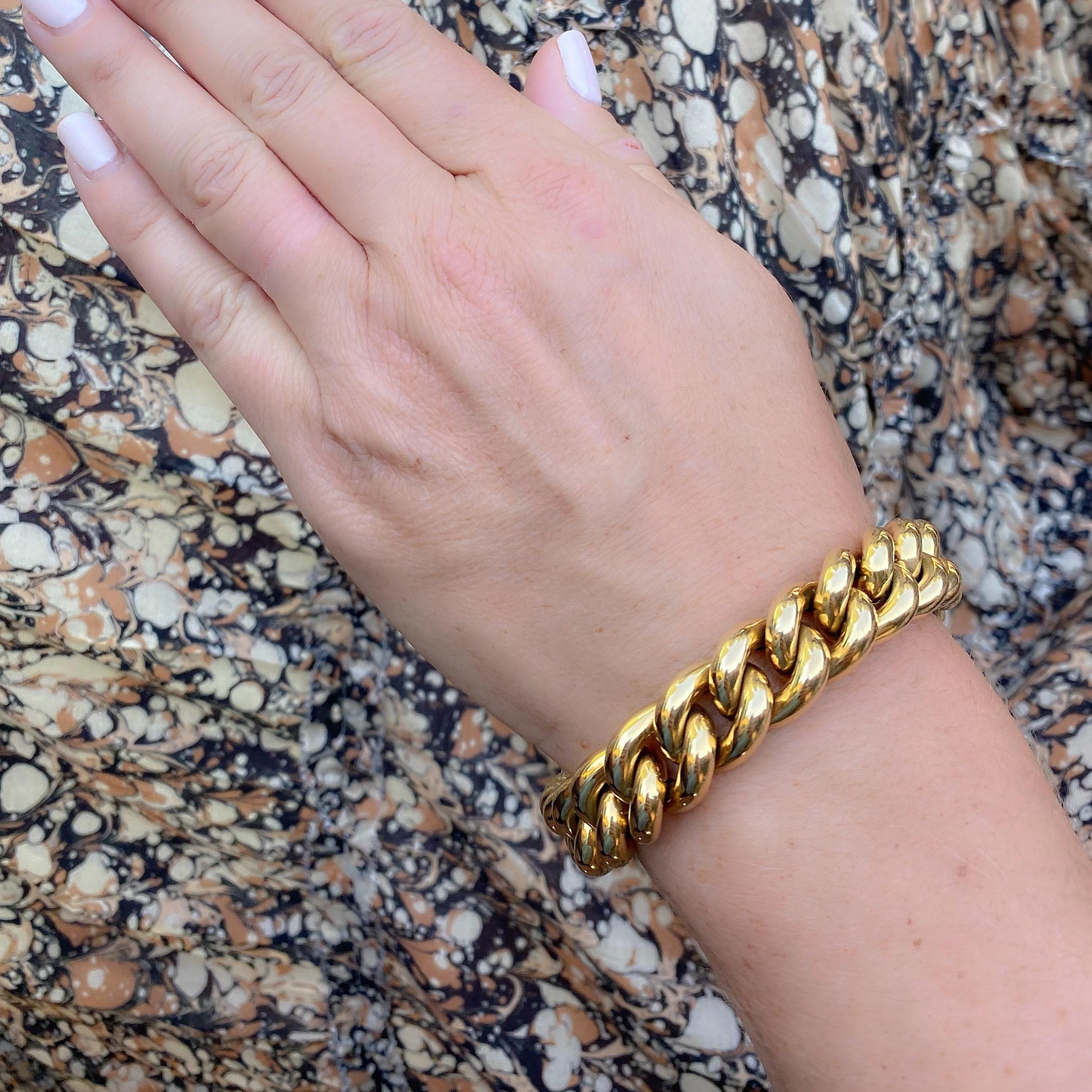 Bring on the 70's! Fun to wear and bold in style, this heavy, hollow form curb link bracelet makes a statement. It weighs 47 grams, and measures 8 1/2 in. long and 1/2in. wide. Go for the gold!
