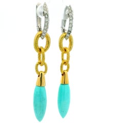 Italian 18K Gold Diamond and Turquoise Link Drop Earrings