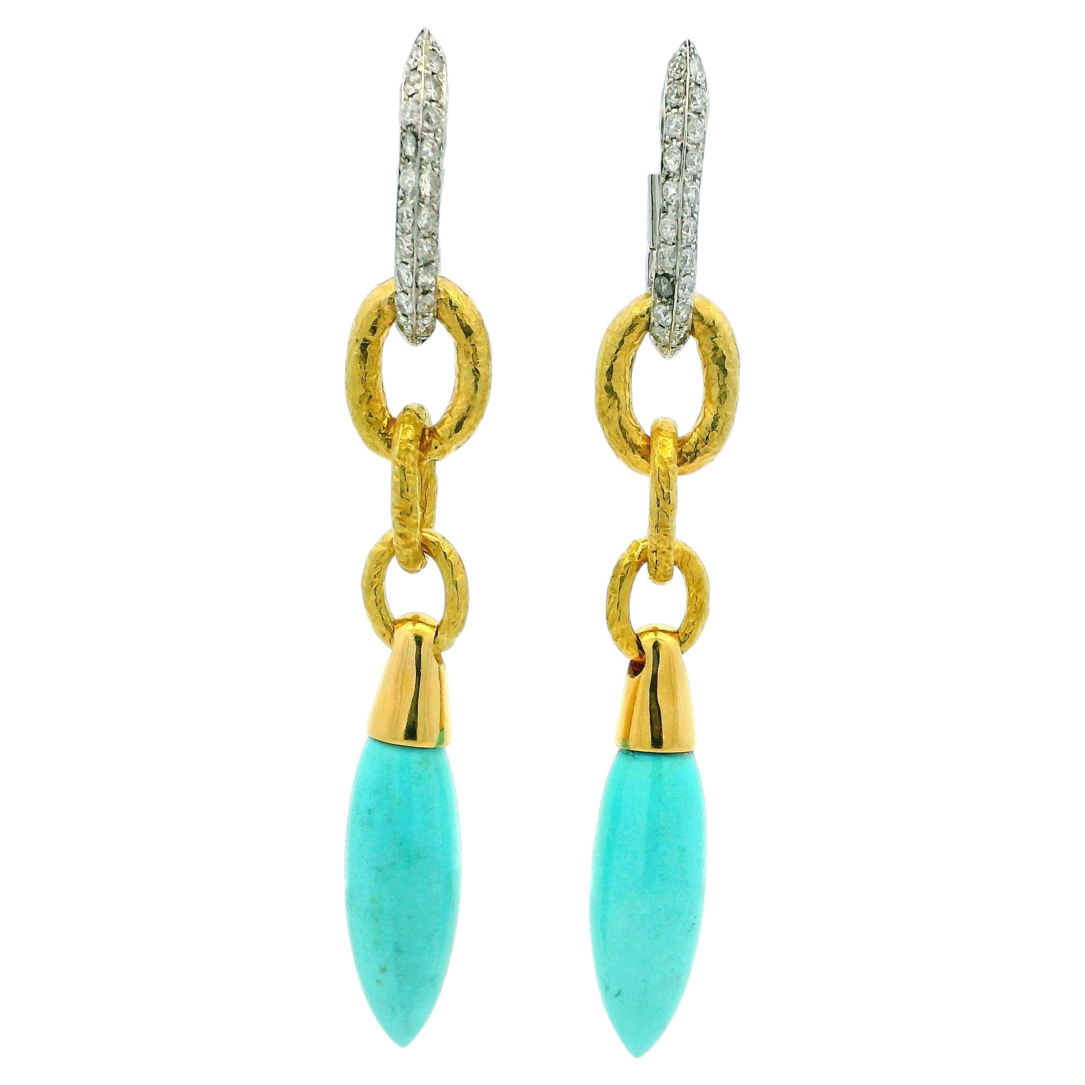 Boucles d'oreilles pendantes à maillons en or italien 18 carats, ornées de diamants et de turquoise