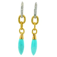 Italian 18K Gold Diamond and Turquoise Link Drop Earrings
