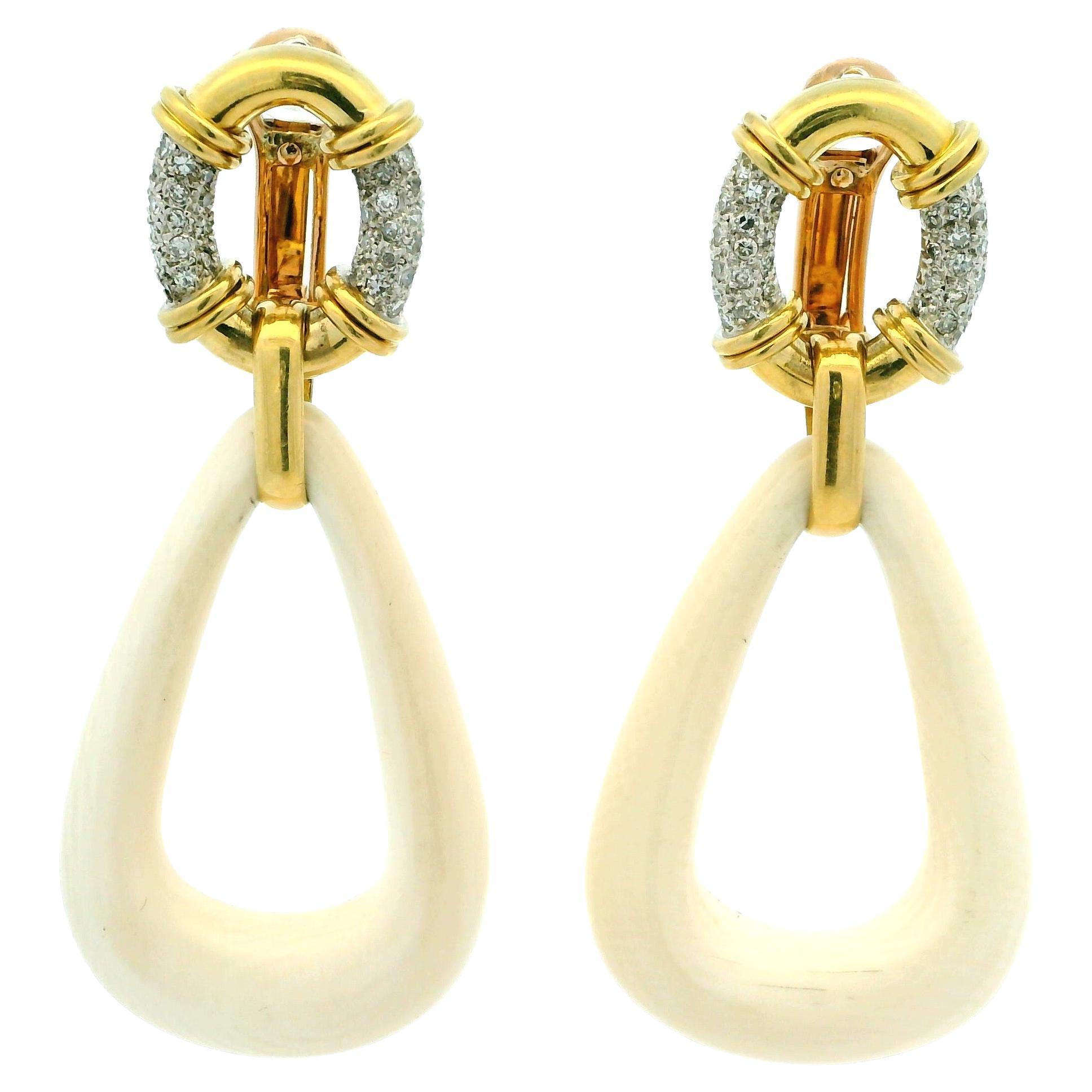 Italian 18K Gold Diamond & Carved Bone Convertible Earrings