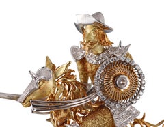 Italian 18k Gold Diamond Don Quixote Large Brooch Figurine with Agate Base