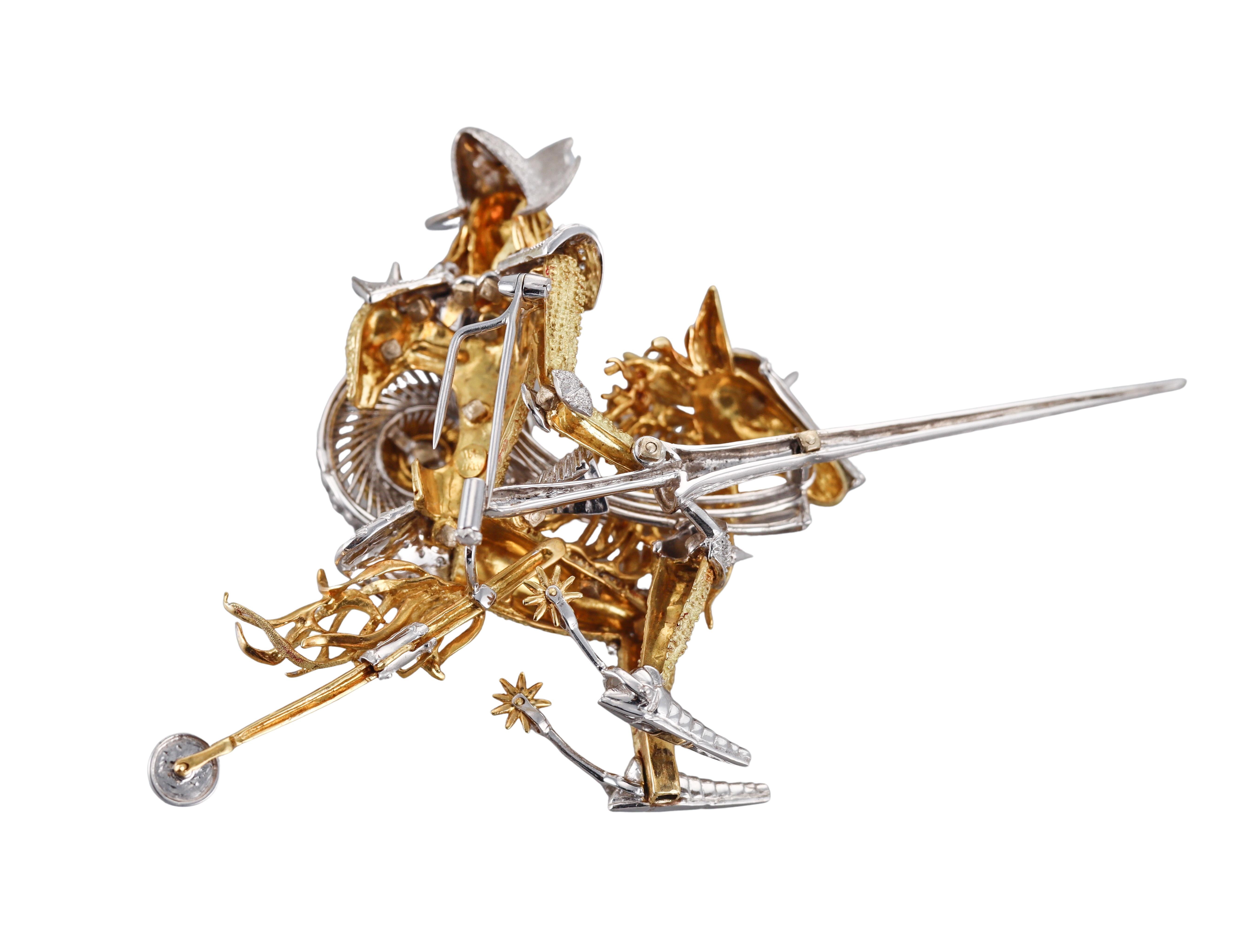 Spilla grande in oro 18k con diamante Don Chisciotte e base in agata in vendita 2