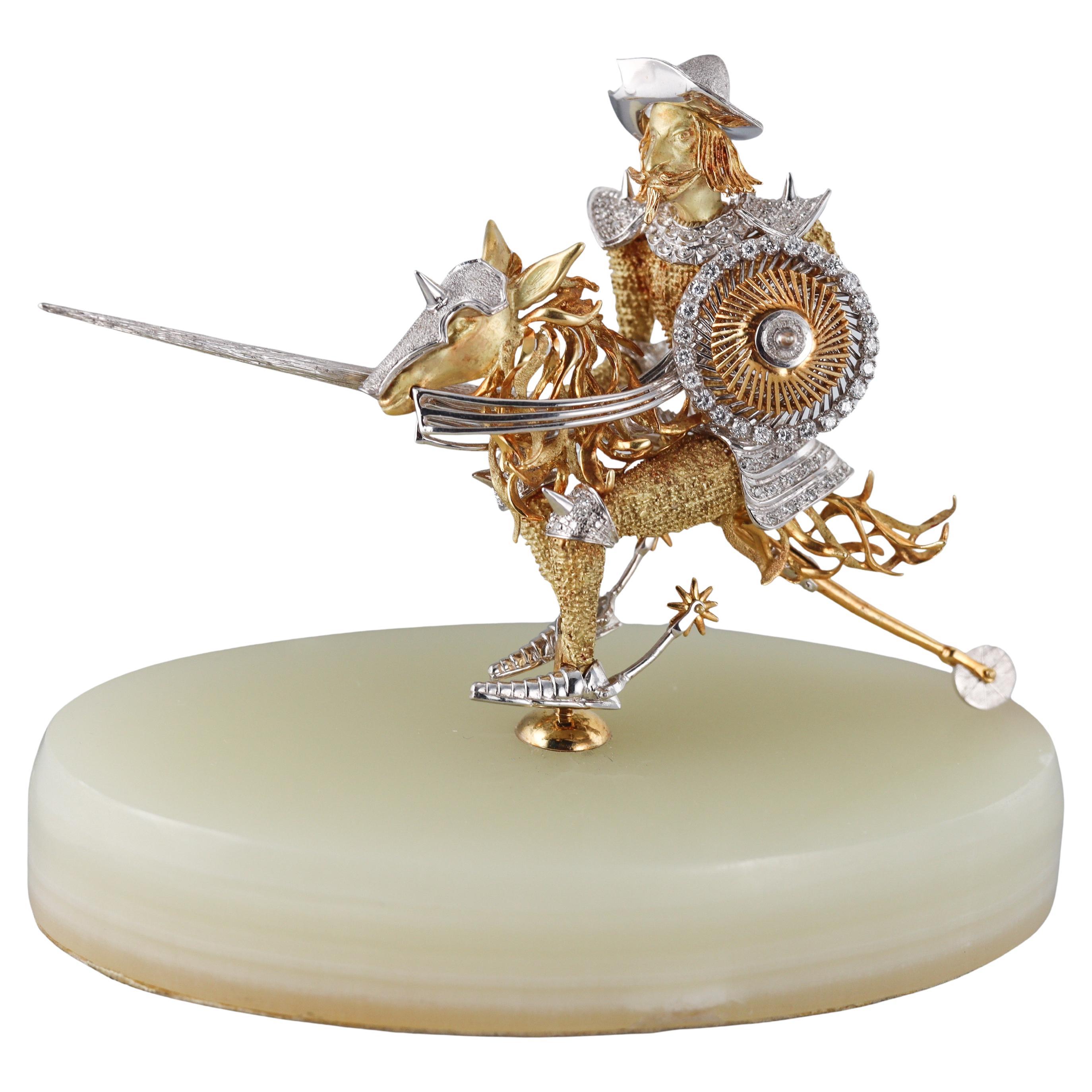 Spilla grande in oro 18k con diamante Don Chisciotte e base in agata in vendita