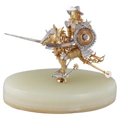Broche italiano Don Quijote de la Mancha de oro de 18 quilates con diamantes y base de ágata