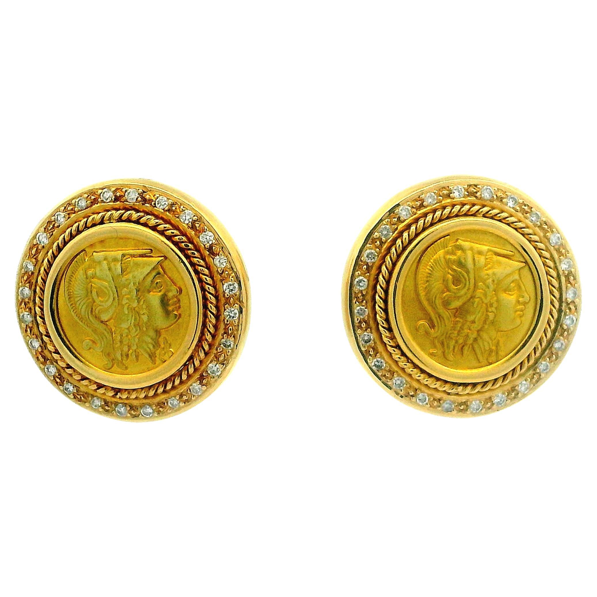 Orecchini italiani in oro 18 carati e diamanti con Athena e motivo di monete di gufo, CIRCA anni '80