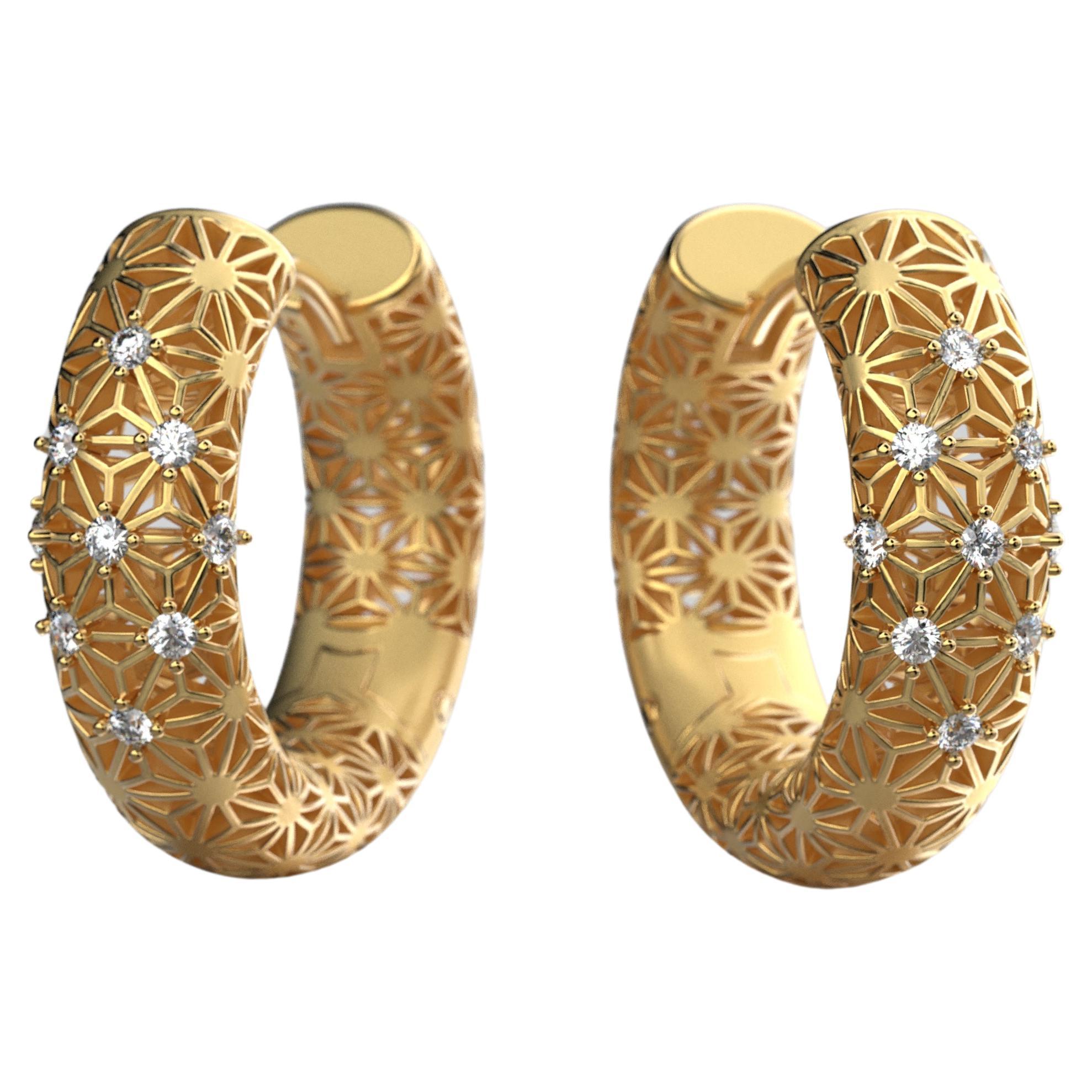 Italian 18K Gold Diamond Hoop Earrings Sashiko Pattern - Oltremare Gioielli