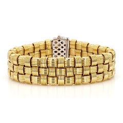 Italian 18K Gold Diamond Pave Clasp Woven Basket Bracelet