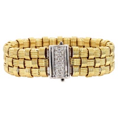 Italian 18K Gold Diamond Pave Clasp Woven Basket Bracelet
