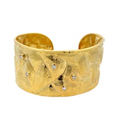 Italian 18K Diamond Textured Cuff Bracelet, Sculptural Wide Cuff, Circa 1970
