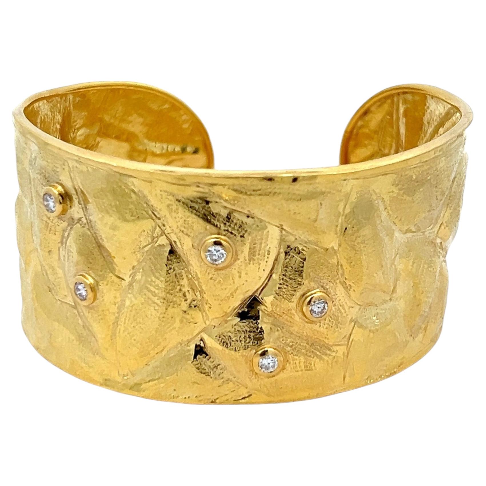 Italian 18K Diamond Textured Cuff Bracelet, Sculptural Wide Cuff, Circa 1970