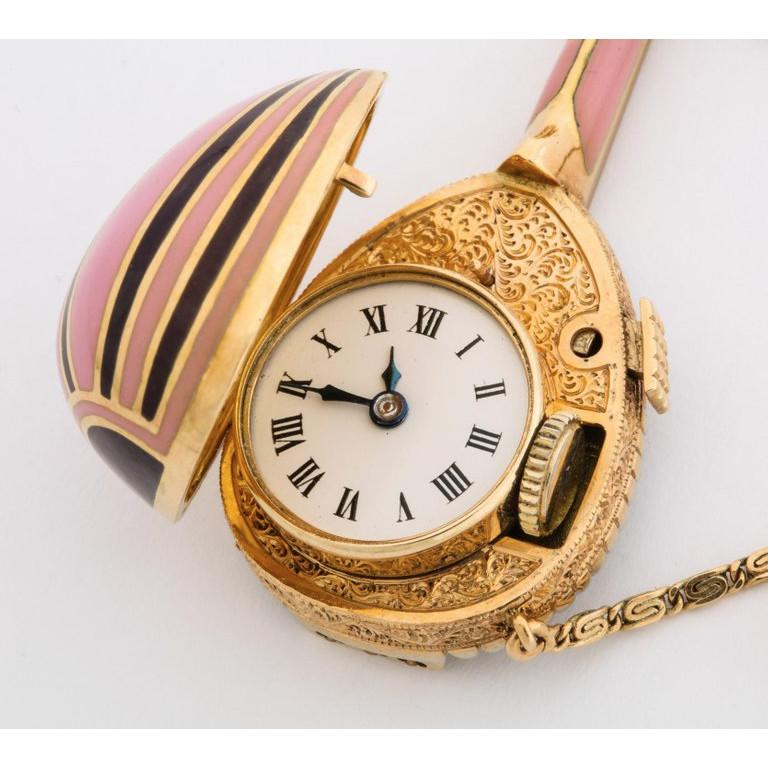 Italian 18K Gold, Enamel, And Diamond Mandolin Pendant Watch Brooch, G. Ferrero 3
