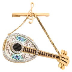 Italian 18K Gold, Enamel, And Diamond Mandolin Pendant Watch Brooch, G. Ferrero