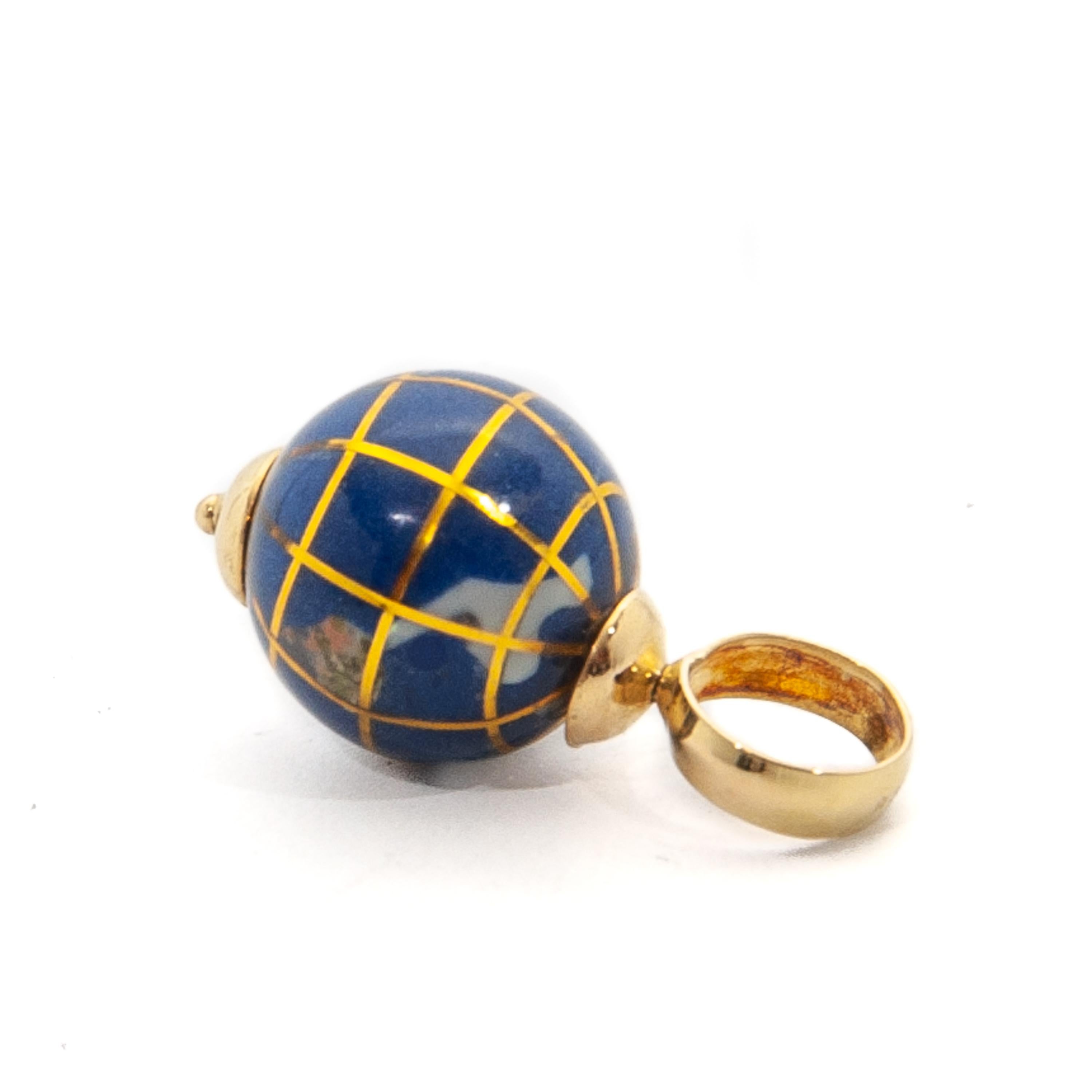 Women's or Men's  18K Gold Globe Enameled Charm Pendant 