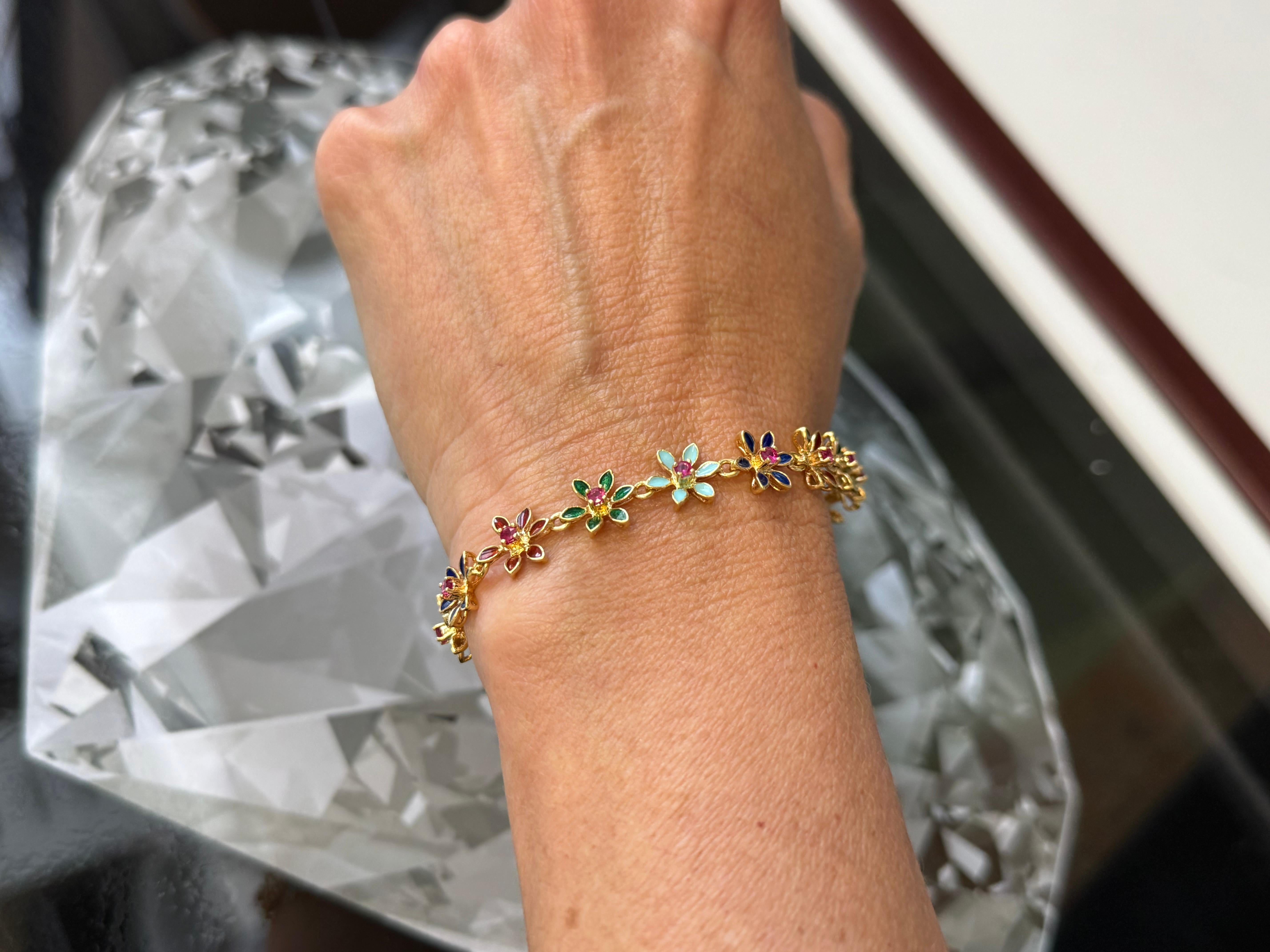 Taglio rotondo Bracciale italiano con fiori smaltati in oro 18K - 14 rubini - 12.00g - 7