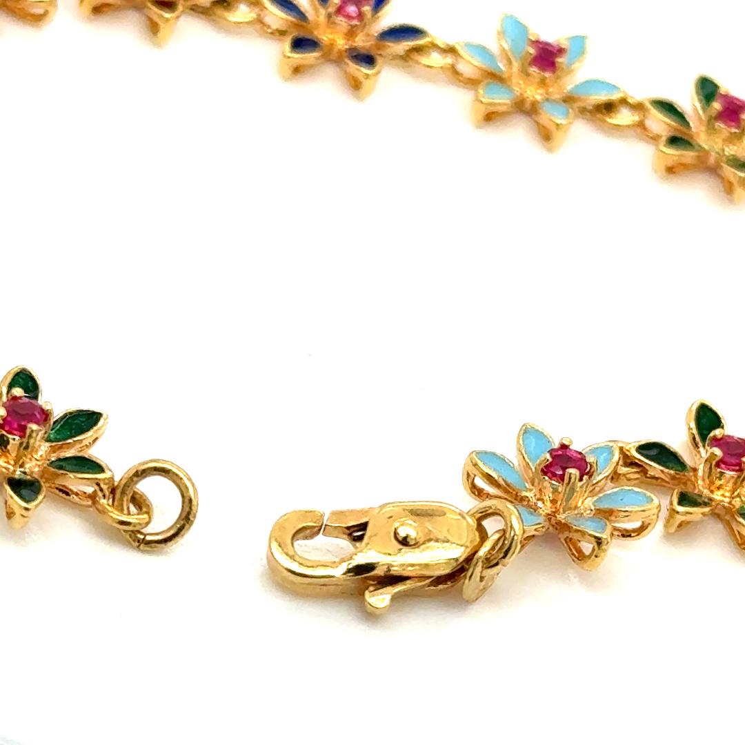 Bracciale italiano con fiori smaltati in oro 18K - 14 rubini - 12.00g - 7
