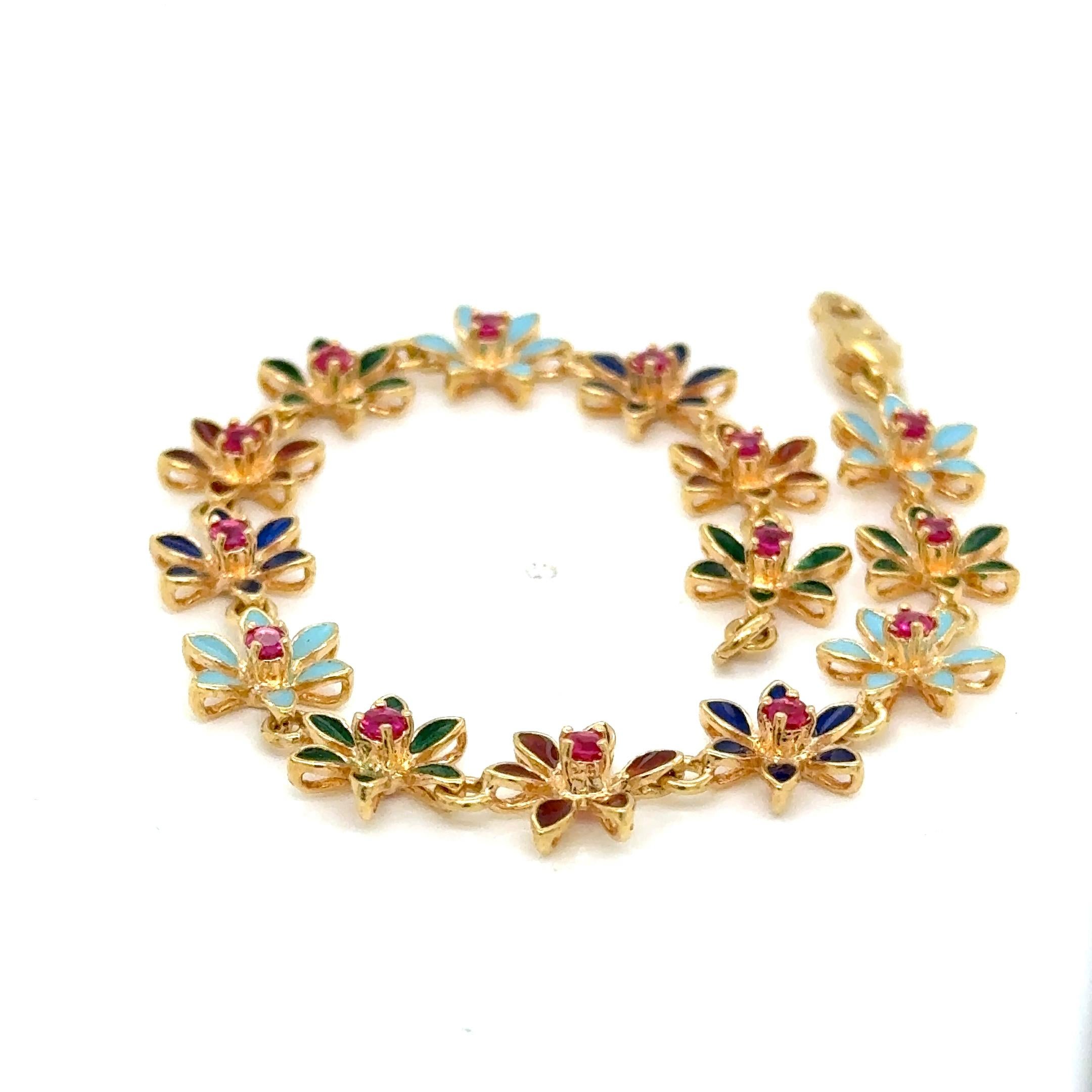Donna Bracciale italiano con fiori smaltati in oro 18K - 14 rubini - 12.00g - 7