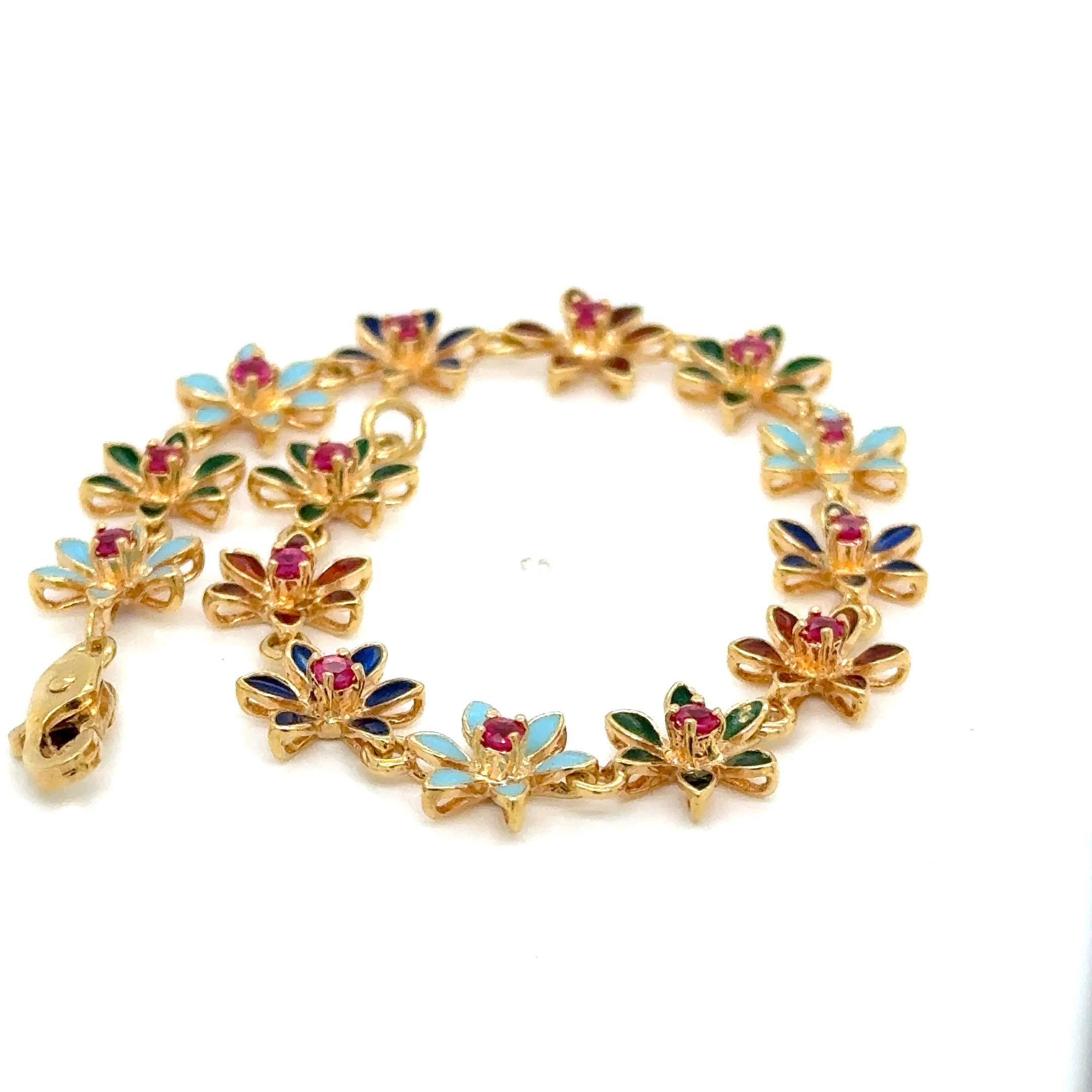 Bracciale italiano con fiori smaltati in oro 18K - 14 rubini - 12.00g - 7