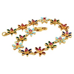 Italian 18K Gold Enamel Flower Bracelet – 14 Rubies – 12.00g – 7”