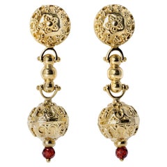 Italian 18k Gold Etruscan Revival Long Drop Garnet Earrings Signed Graziella