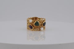 Anillo Fígaro Italiano de Oro de 18k con Rubí, Zafiro, Esmeralda y Perla - 6.9g