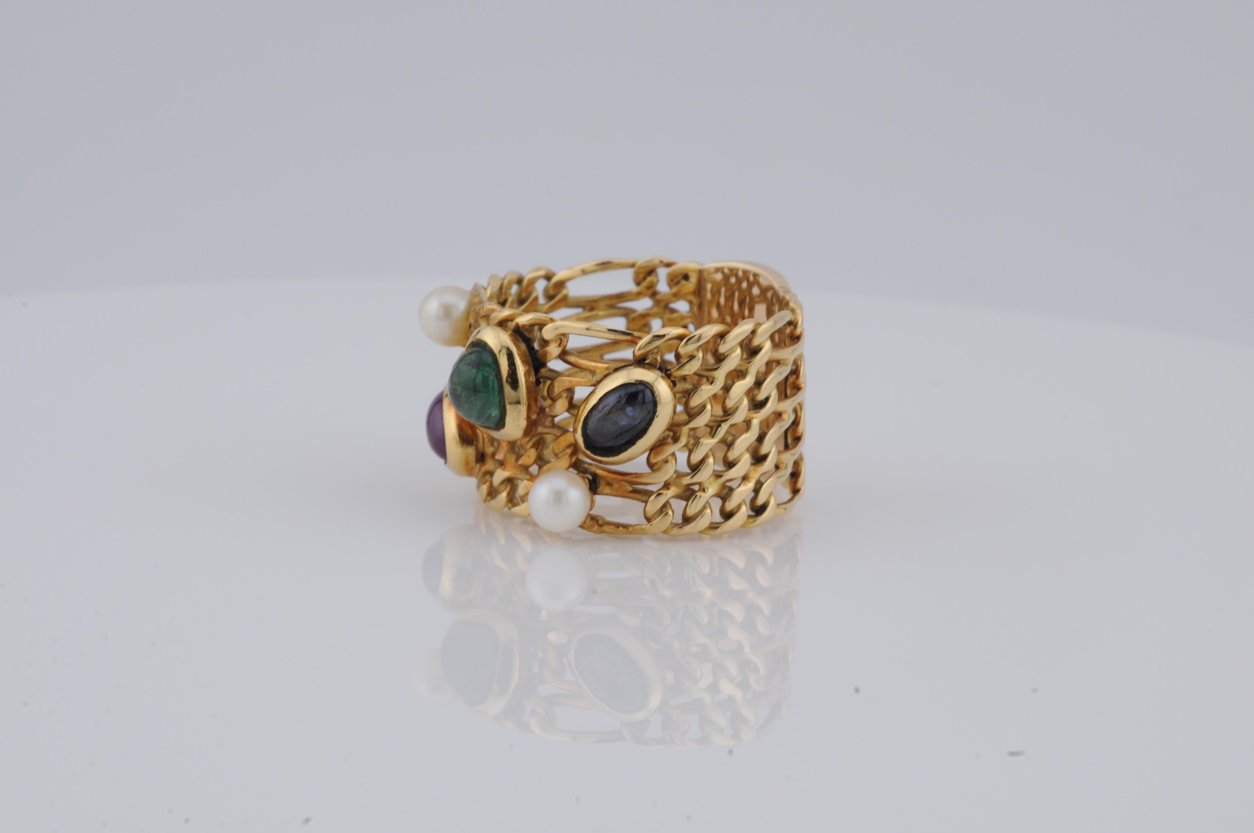 Taille mixte Bague Figaro italienne en or 18k avec rubis, saphir, émeraude et perle - 6.9g en vente
